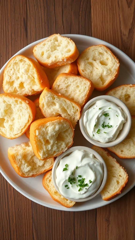 High-Protein Cloud Bread Recipe Fluffy cloud bread pieces on a plate, with cream cheese spread and herbs on a wooden table.